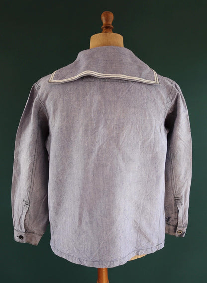 Vintage French linen shirt - 1950s Marine Nationale - Navy crackerjack bib jumper - 44” chest - military workwear - sailor top