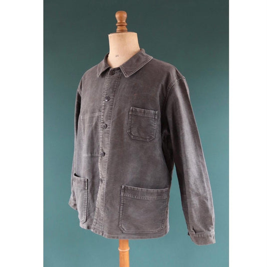 Vintage French black moleskin workwear jacket - 1960s chore coat - sun faded - 52” chest