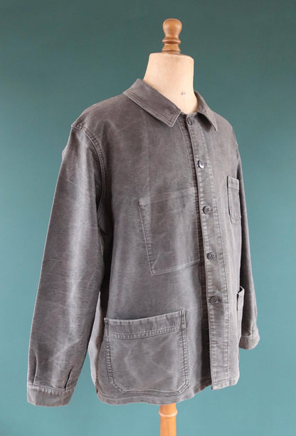 Vintage French black moleskin workwear jacket - 1960s chore coat - sun faded - 52” chest