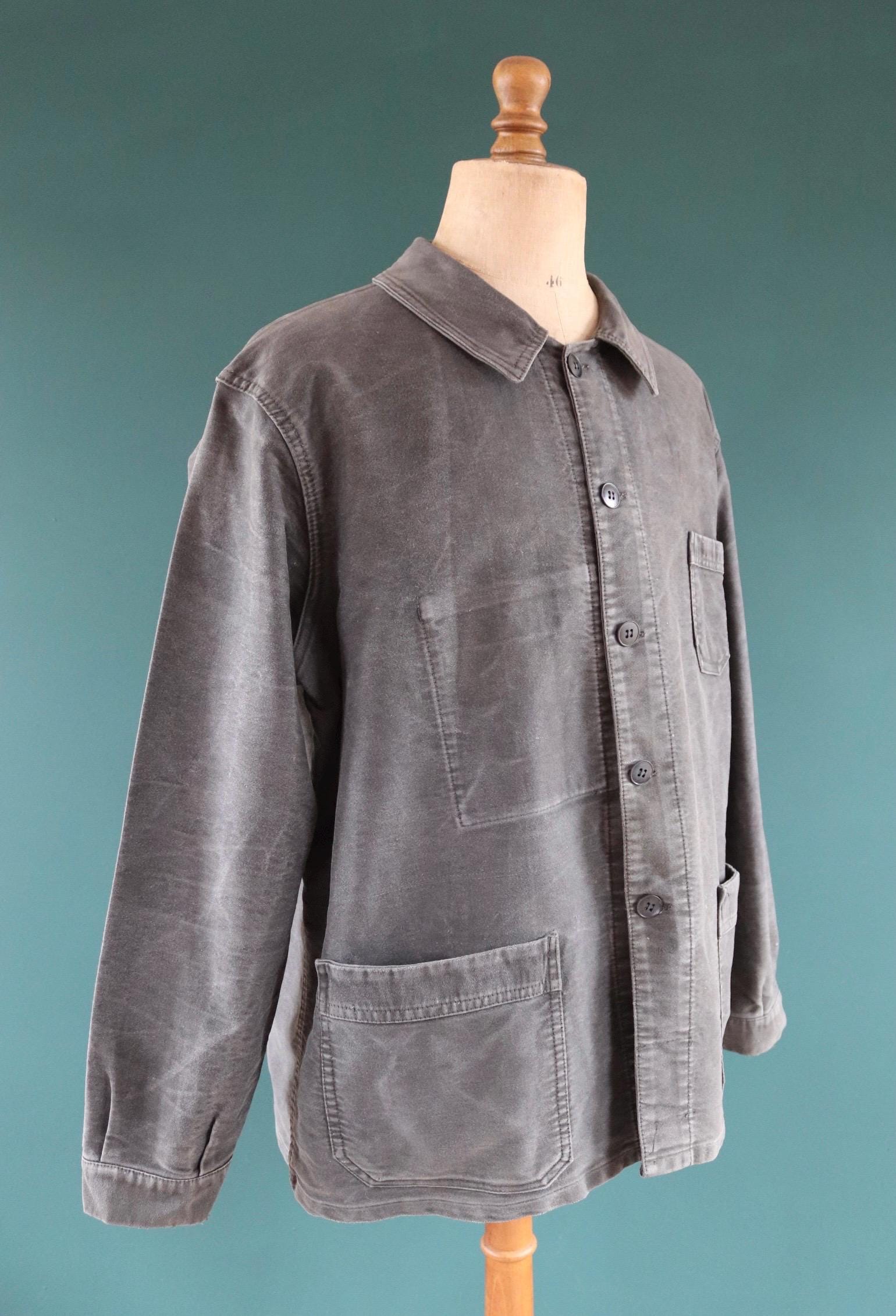 Vintage French black moleskin workwear jacket - 1960s chore coat - sun faded - 52” chest