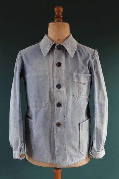Vintage 1940s French blue workwear jacket - faded cotton twill - 41” chest - bleu de travail