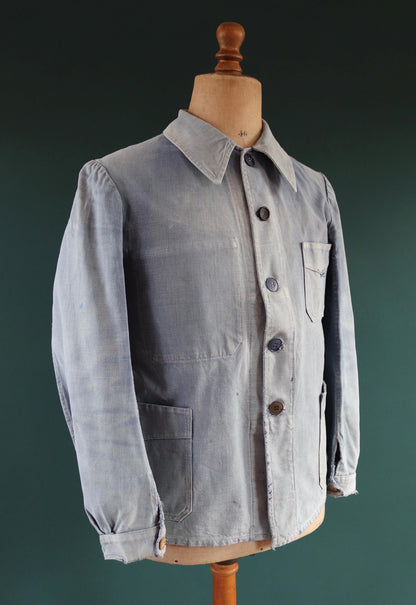 Vintage 1940s French blue workwear jacket - faded cotton twill - 41” chest - bleu de travail