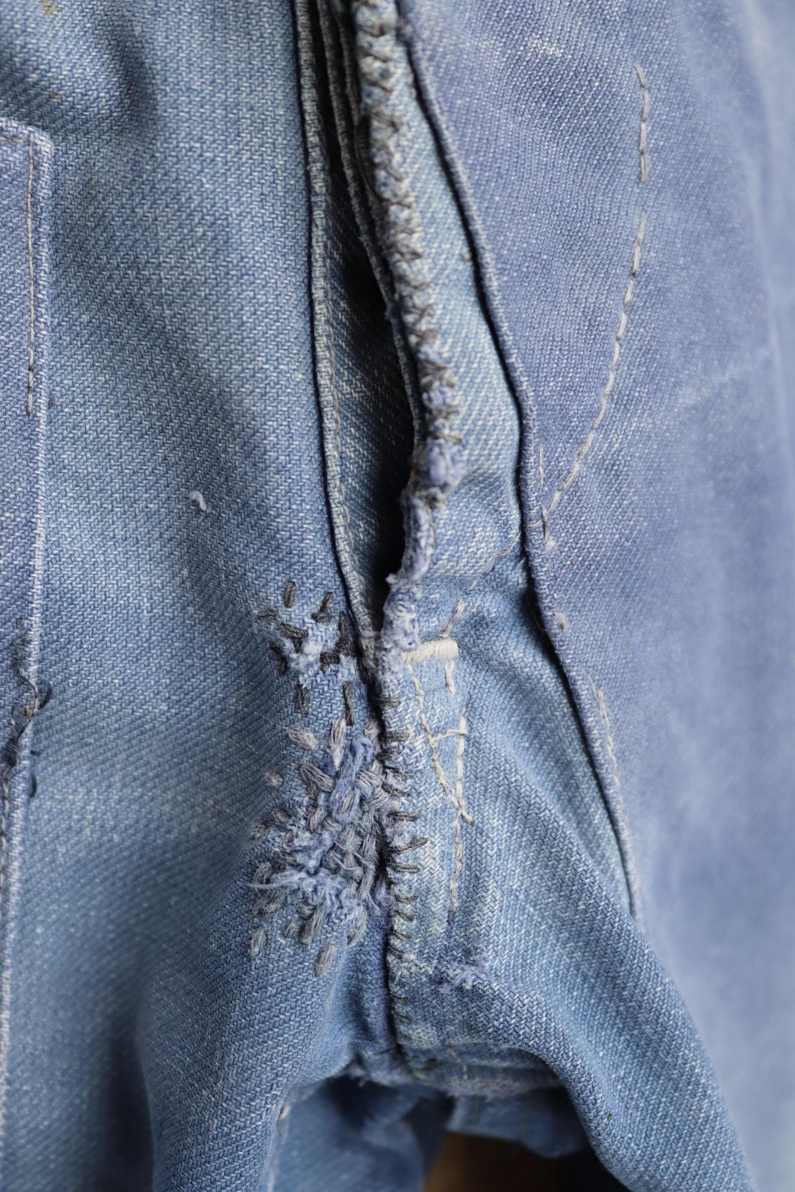 Vintage French workwear trousers - patched and repaired - blue cotton twill pants - 1950s chore - 32” x 27”