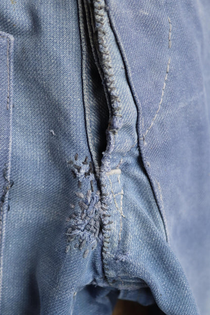 Vintage French workwear trousers - patched and repaired - blue cotton twill pants - 1950s chore - 32” x 27”