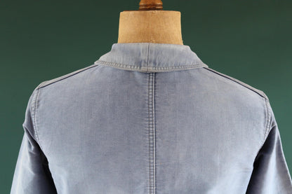 Vintage French blue moleskin workwear jacket - sun faded chore coat - 40” chest - bleu de travail