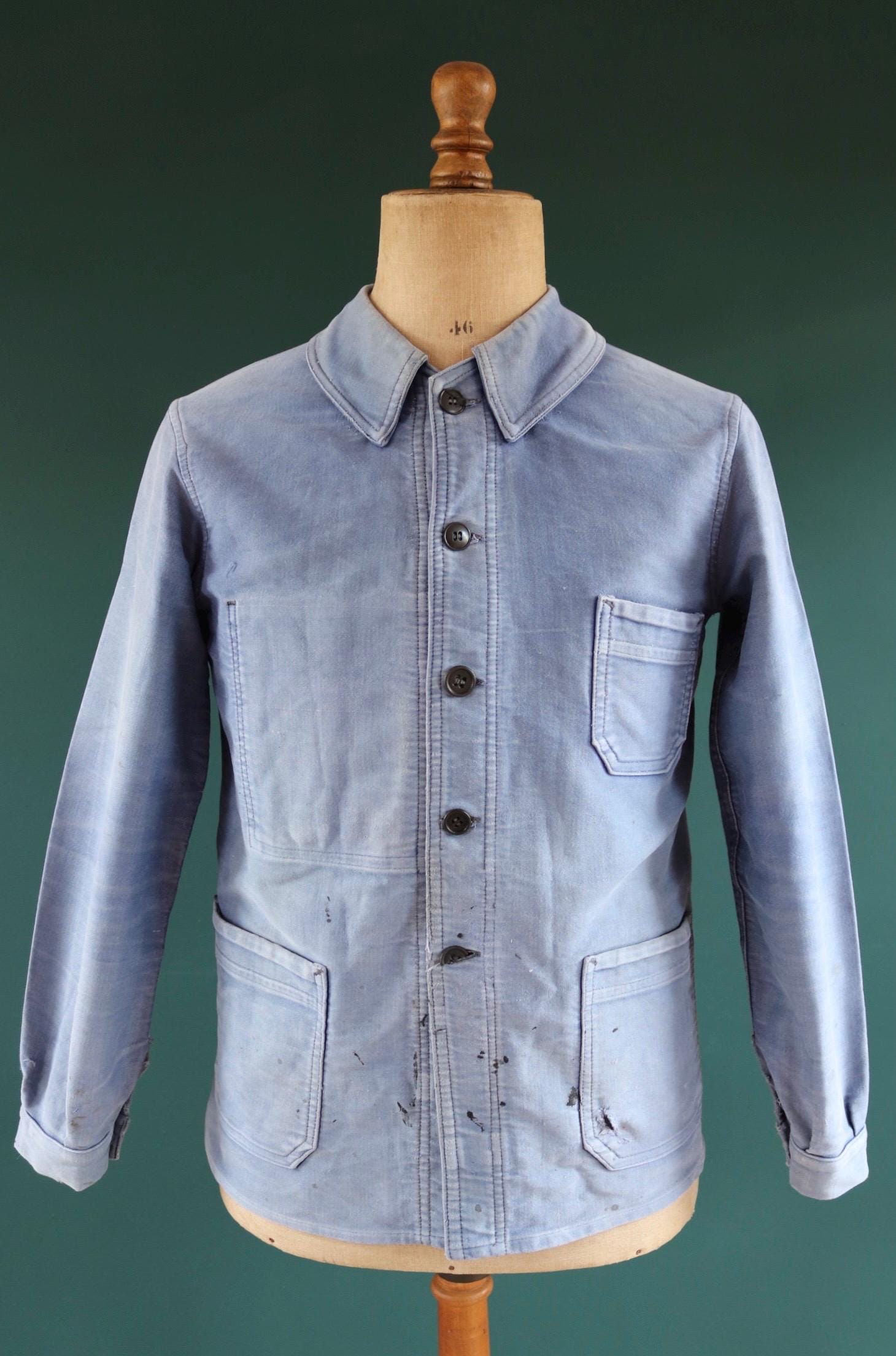 Vintage French blue moleskin workwear jacket - sun faded chore coat - 40” chest - bleu de travail