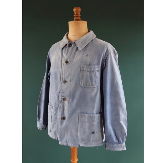 Vintage French blue workwear jacket - 1950s cotton twill - 46” chest - bleu de travail
