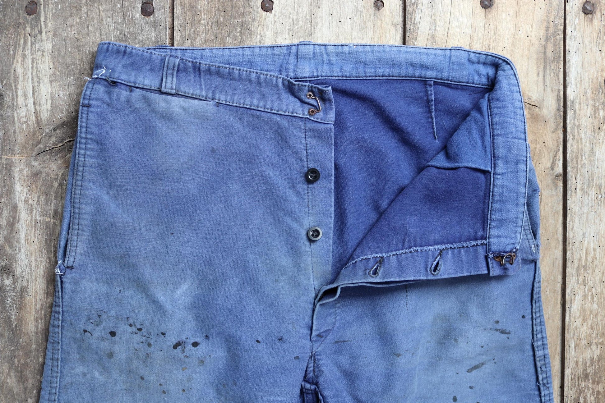 Vintage 1950s French workwear trousers - Le Mont St Michel chore pants - blue moleskin - 34” x 27”