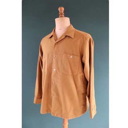 Vintage 1950s Pendleton wool shirt - plain mustard brown - Ivy League style - 47” chest