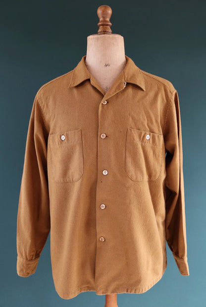 Vintage 1950s Pendleton wool shirt - plain mustard brown - Ivy League style - 47” chest