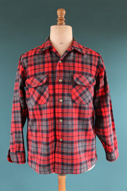 Vintage 1950s Pendleton wool board shirt - red plaid - 44” chest