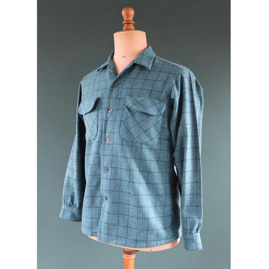 Vintage 1980s Pendleton wool board shirt - teal blue plaid - 42” chest