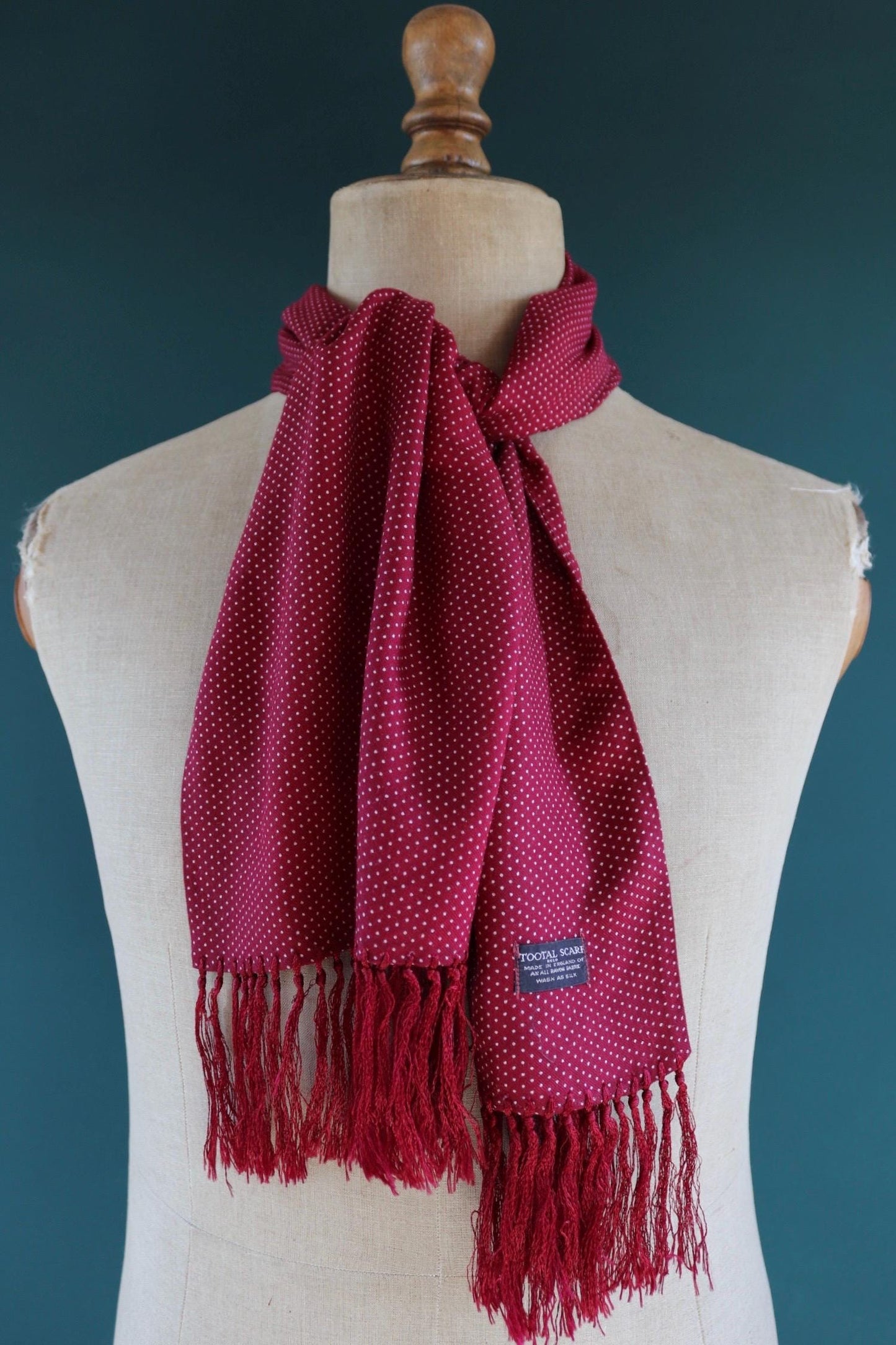 Vintage 1960s Tootal tasseled scarf - burgundy red - mod northern soul - made in England