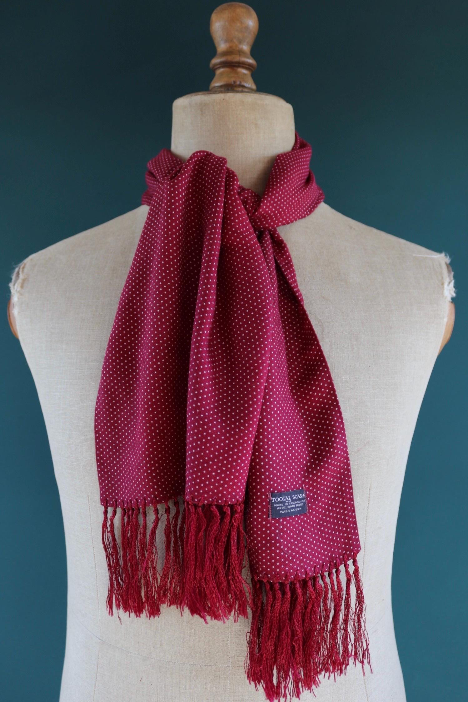 Vintage 1960s Tootal tasseled scarf - burgundy red - mod northern soul - made in England
