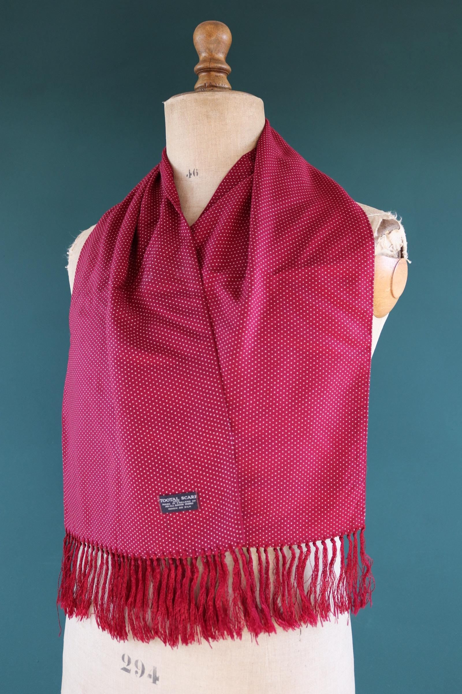 Vintage 1960s Tootal tasseled scarf - burgundy red - mod northern soul - made in England