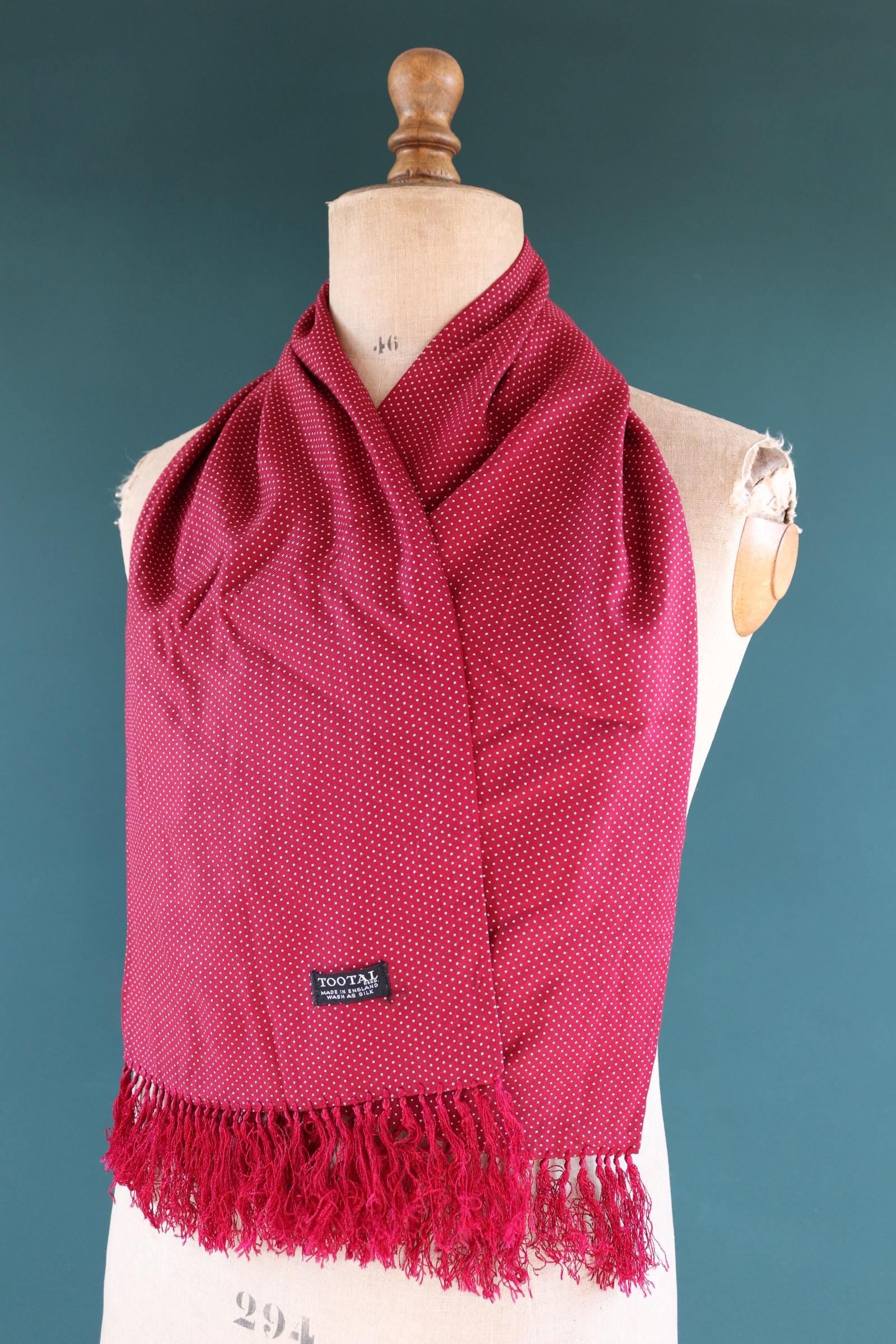Vintage 1960s Tootal tasseled scarf - burgundy red - mod northern soul - made in England