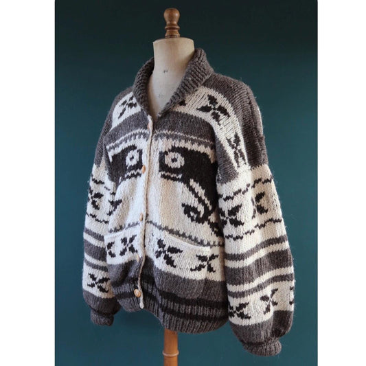 Vintage 1980s Cowichan wool cardigan - hand knitted - chunky winter sweater - 48" chest