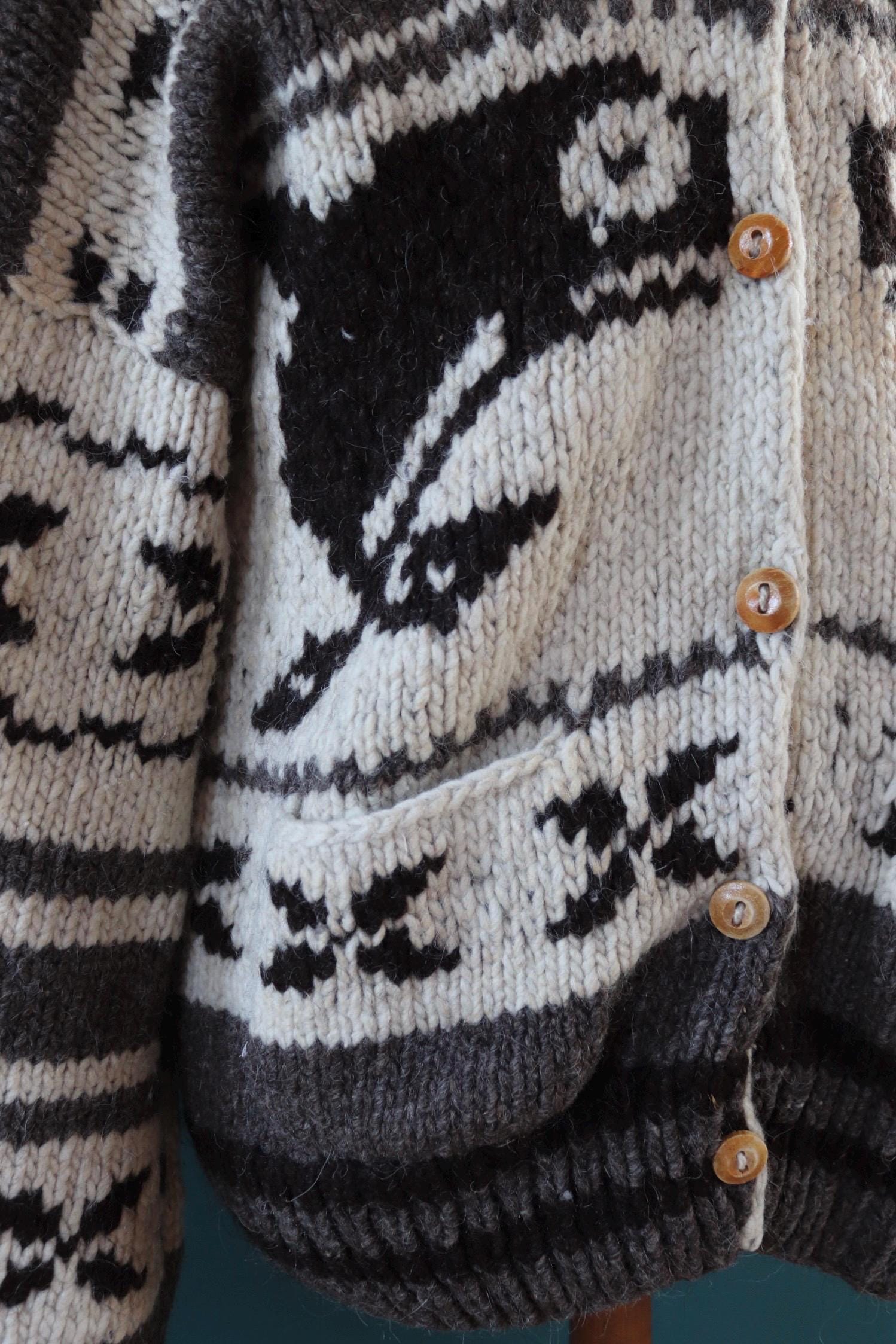 Vintage 1980s Cowichan wool cardigan - hand knitted - chunky winter sweater - 48" chest