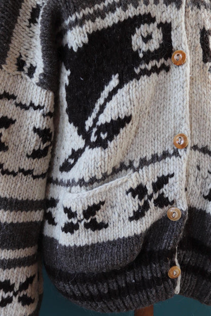 Vintage 1980s Cowichan wool cardigan - hand knitted - chunky winter sweater - 48" chest