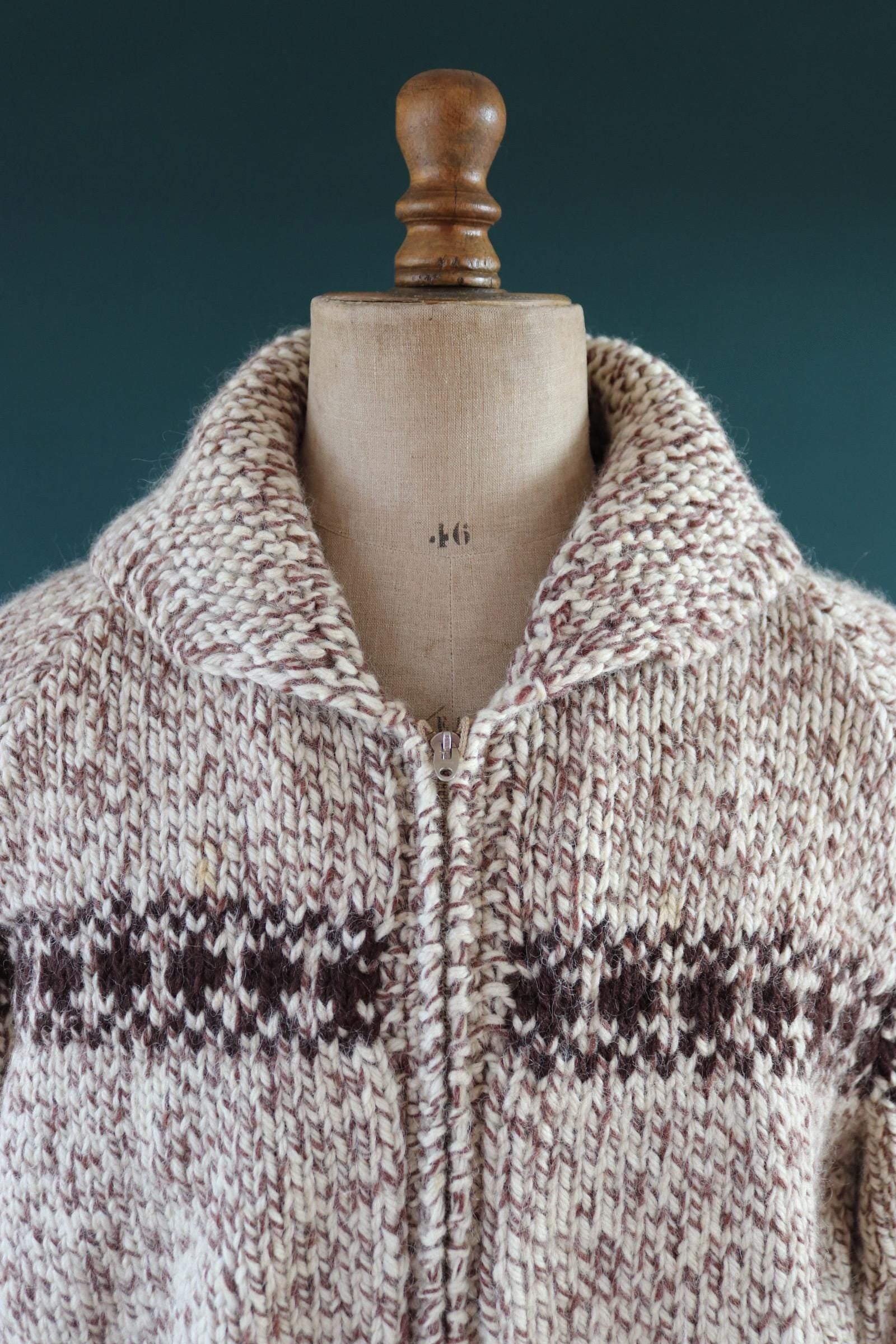 Vintage 1960s Cowichan wool cardigan - hand knitted - chunky winter sweater - 46" chest