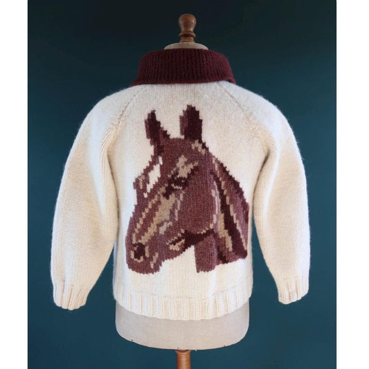 Vintage 1970s novelty hand knitted cardigan - horse design - Mary Maxim - cowichan sweater - 42” chest