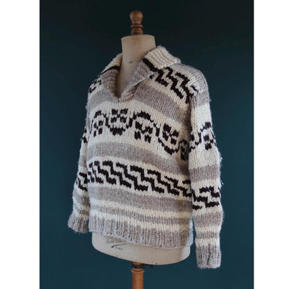 Vintage 1970s cowichan sweater - chunky wool jumper - hand knitted - shawl collar - 46” chest