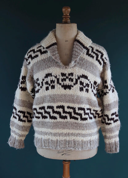 Vintage 1970s cowichan sweater - chunky wool jumper - hand knitted - shawl collar - 46” chest