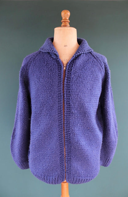 Vintage 1970s novelty acrylic cowichan sweater - sailing boat design - shawl collar - 44” chest