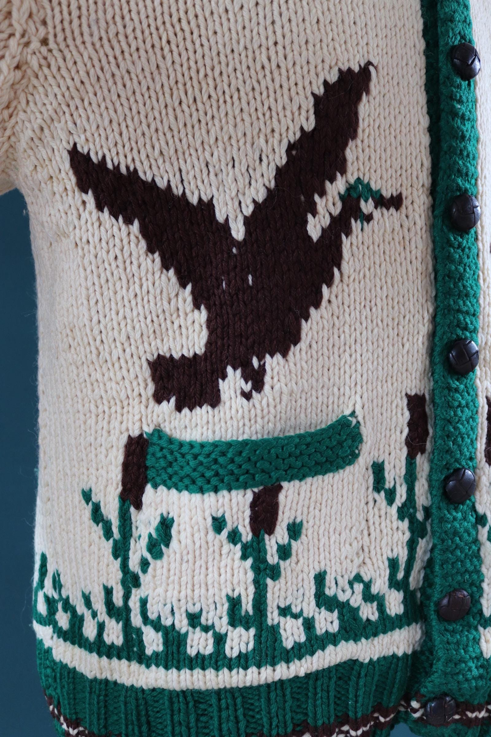 Vintage 1970s novelty cowichan sweater - duck design - shawl collar - 46” chest