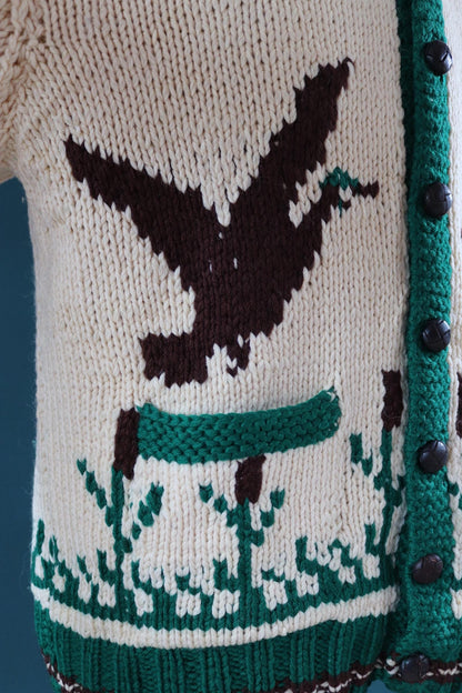 Vintage 1970s novelty cowichan sweater - duck design - shawl collar - 46” chest