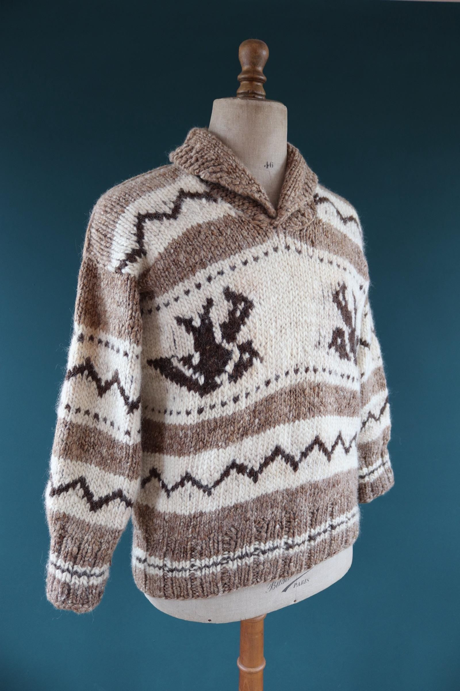 Vintage 1970s cowichan sweater - chunky wool jumper - hand knitted - shawl collar - 46” chest