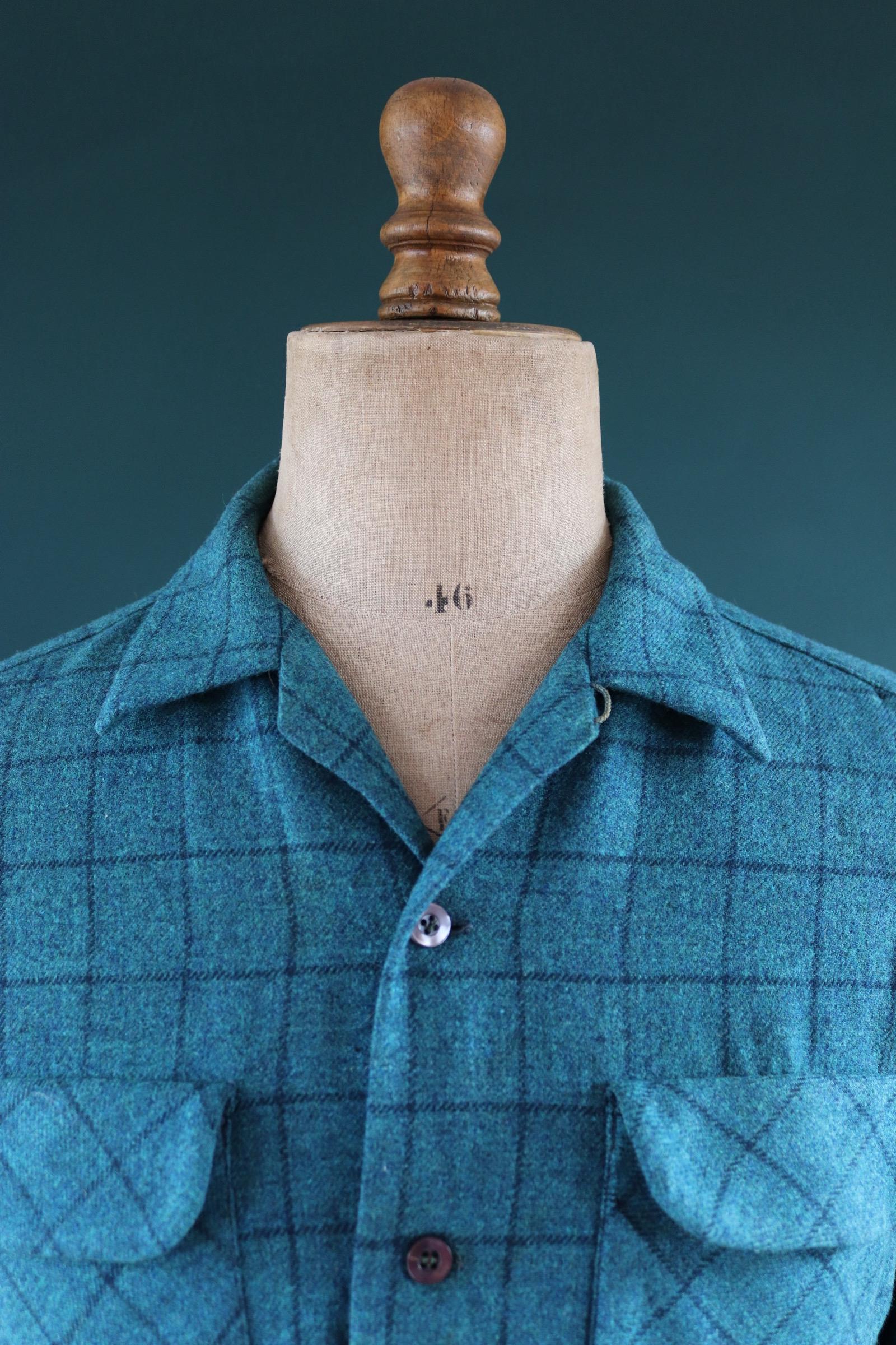 Vintage 1980s Pendleton wool board shirt - teal blue plaid - 42” chest