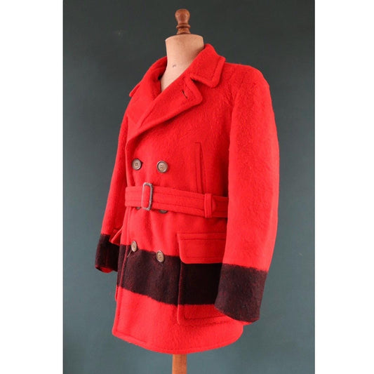 Vintage 1940s 50s Hudsons Bay wool coat - 4 point blanket mackinaw - belted double breasted jacket - made in Canada - 48" chest