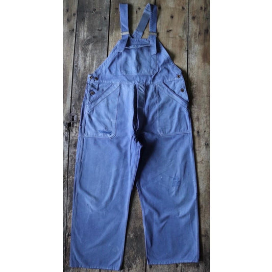 Vintage French blue workwear dungarees - 1950s cotton twill overalls - darned and repaired - 39” x 27”