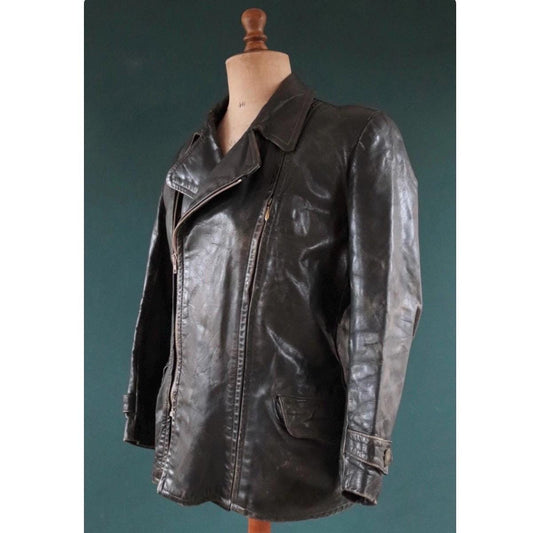 Vintage 1950s 60s German leather jacket - dark green horsehide - biker motorcycle - car coat - 42” chest