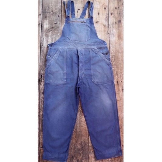 Vintage French blue workwear overalls - 1950s sun faded cotton twill dungarees - 40” x 26” - darned and repaired
