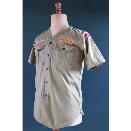Vintage 1950s 60s BSA shirt - khaki green cotton - Boy Scouts of America summer camping - 40" chest - cloth patches