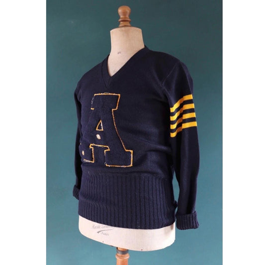 Vintage 1960s wool varsity sweater - blue knitted jumper - Ivy League knitwear - v neck long rib - A chenille patch - 40” chest