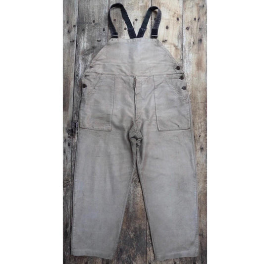 Vintage French workwear overalls - 1950s brown moleskin dungarees - patched repaired darned - 42” x 30”