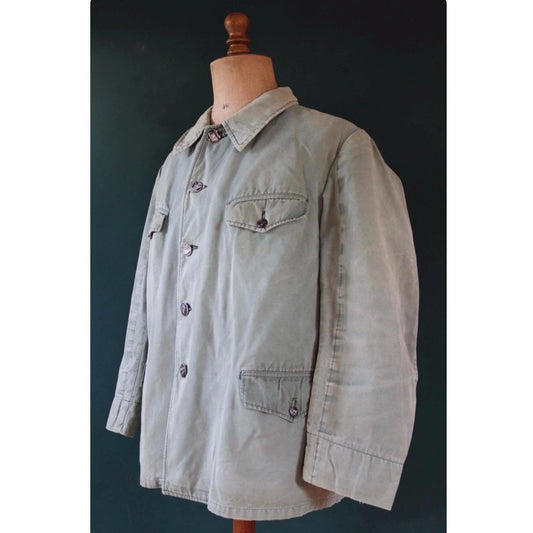 Vintage French workwear jacket - 1950s cotton canvas hunting - venery scene buttons - 50” chest