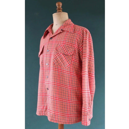Vintage 1960s wool shirt - red burgundy plaid - 49” chest - loop collar