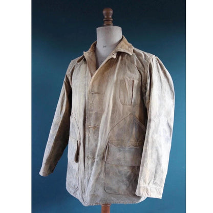 Vintage 1930s 40s workwear hunting jacket - American tin cloth - duck cotton canvas - 47” chest - Drybak - distressed condition