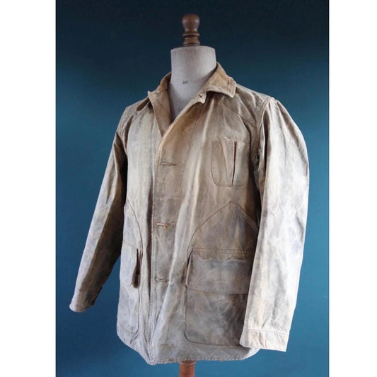 Vintage 1930s 40s workwear hunting jacket - American tin cloth - duck cotton canvas - 47” chest - Drybak - distressed condition