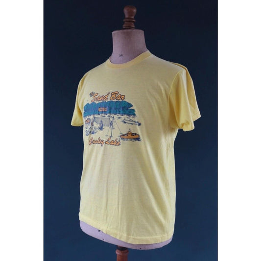 Vintage 1980s yellow t shirt - Screen Stars - Sand Bar beach tourist print - sportswear - 42” chest