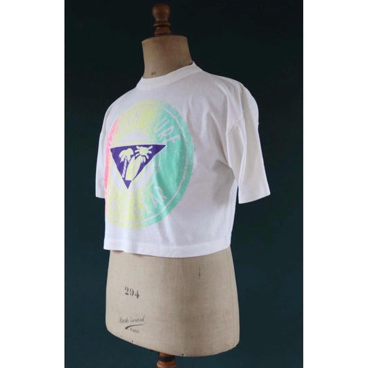 Vintage 1980s 90s cropped t shirt - white neon - urban beach souvenir - surf sportswear - 43” chest