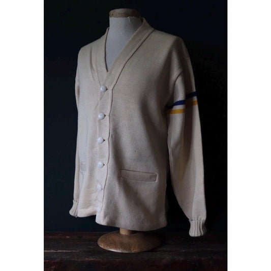 Vintage 1960s wool varsity sweater - American Ivy League - cream knitted cardigan - 44” chest