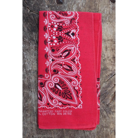 Vintage 1960s red cotton workwear bandana - printed pocket square - colorfast neckerchief - RN 14193