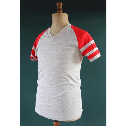 Vintage 1980s 90s t shirt - grey marl - 50/50 poly cotton - red ringer football top - v neck - 38” chest