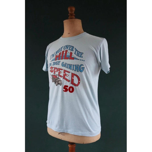Vintage 1970s 80s t shirt - sky blue sportswear - 50th birthday souvenir - Charlie - over the hill - 38” chest