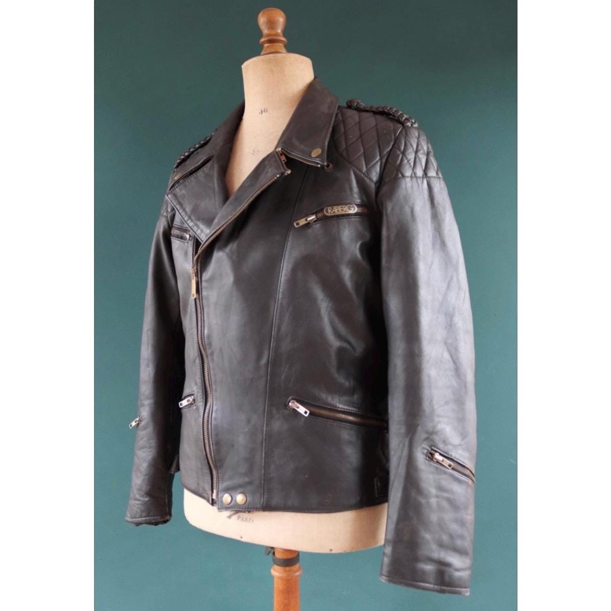 Vintage 1980s 90s black leather biker jacket - German motorcycle - plaited epaulettes - 44” chest